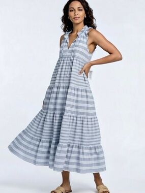 Light Blue Striped Ruffle-Shoulder Maxi Dress